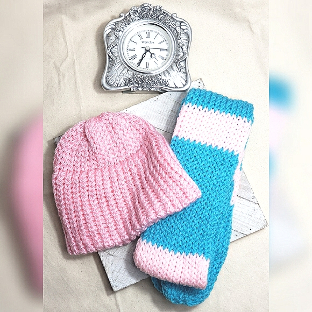 Pink and Blue Hat and Scarf Set NWT